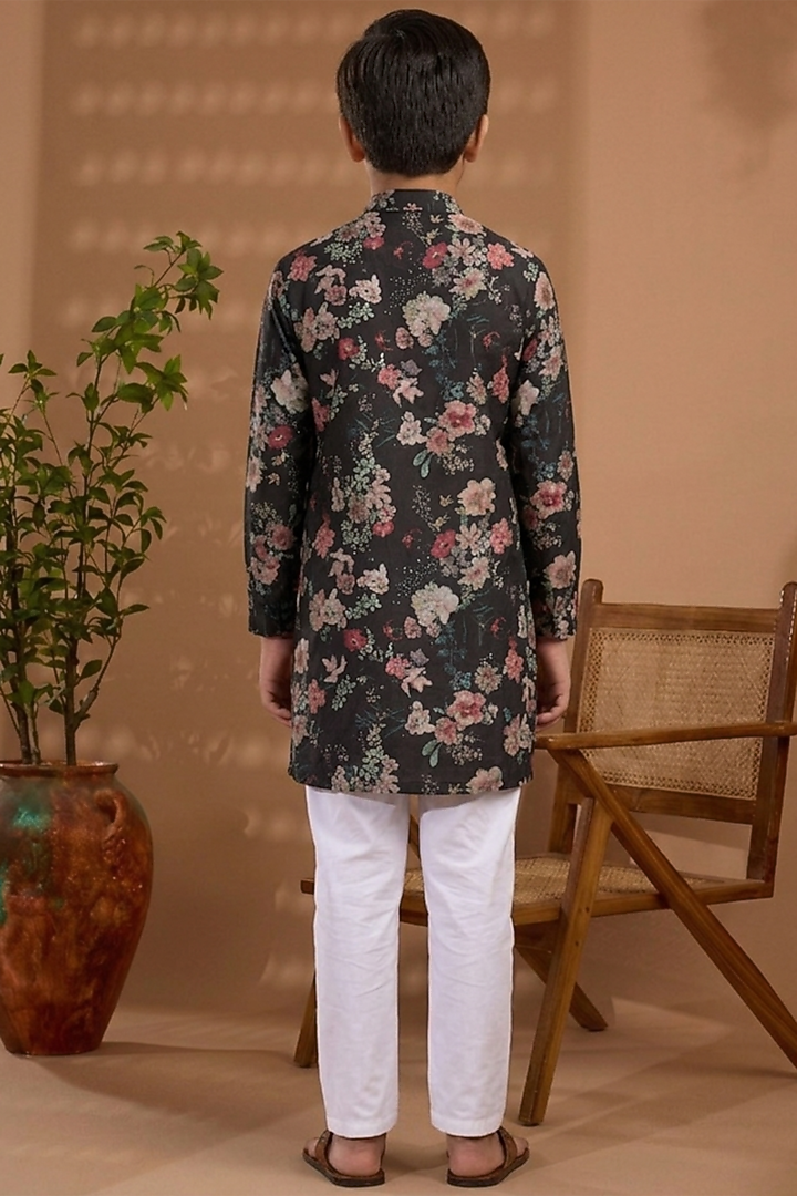 Black Blended Silk Floral Printed Kurta For Boys by Spring Break- Kids at Pernia's Pop Up Shop