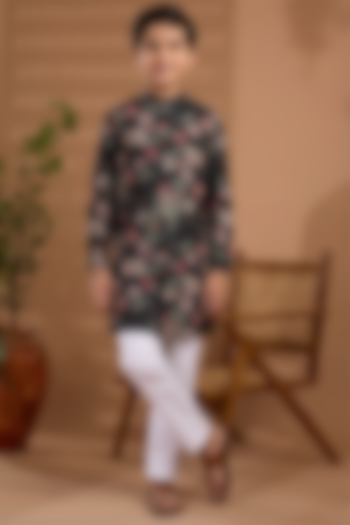 Black Blended Silk Floral Printed Kurta For Boys by Spring Break- Kids at Pernia's Pop Up Shop