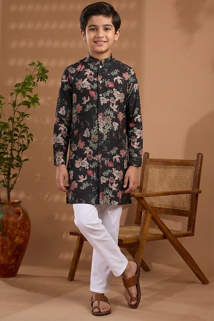 Black Blended Silk Floral Printed Kurta For Boys by Spring Break- Kids at Pernia's Pop Up Shop