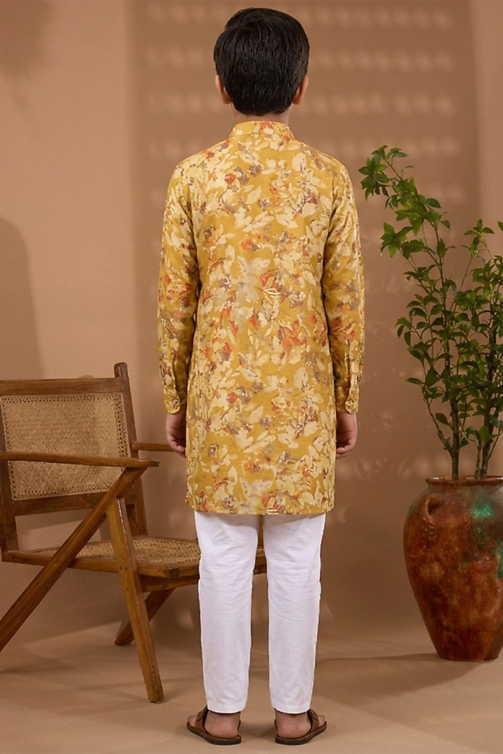 Mustard Yellow Blended Silk Floral Printed Kurta For Boys by Spring Break- Kids at Pernia's Pop Up Shop