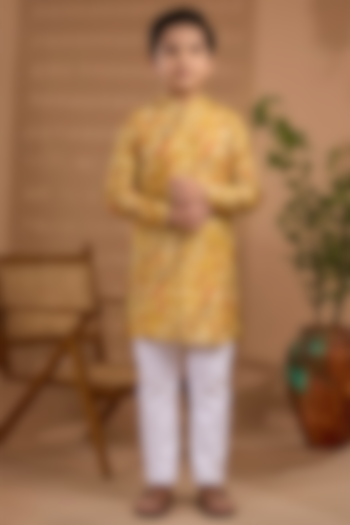 Mustard Yellow Blended Silk Floral Printed Kurta For Boys by Spring Break- Kids at Pernia's Pop Up Shop