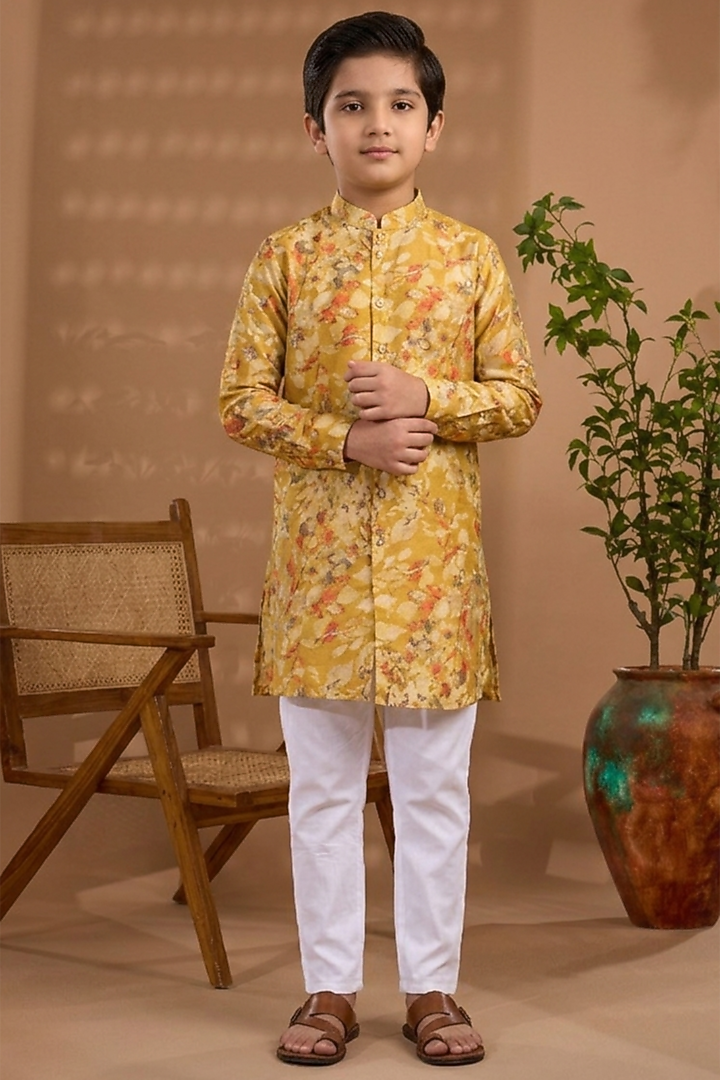 Mustard Yellow Blended Silk Floral Printed Kurta For Boys by Spring Break- Kids at Pernia's Pop Up Shop