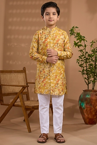 Mustard Yellow Blended Silk Floral Printed Kurta For Boys by Spring Break- Kids