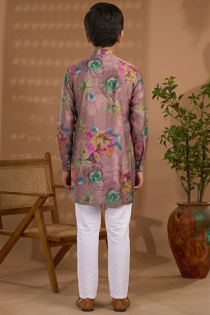 Pink Blended Silk Floral Printed Kurta For Boys by Spring Break- Kids at Pernia's Pop Up Shop