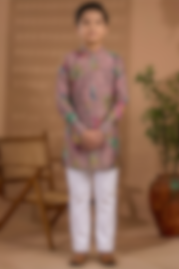 Pink Blended Silk Floral Printed Kurta For Boys by Spring Break- Kids at Pernia's Pop Up Shop