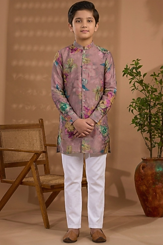 Pink Blended Silk Floral Printed Kurta For Boys by Spring Break- Kids