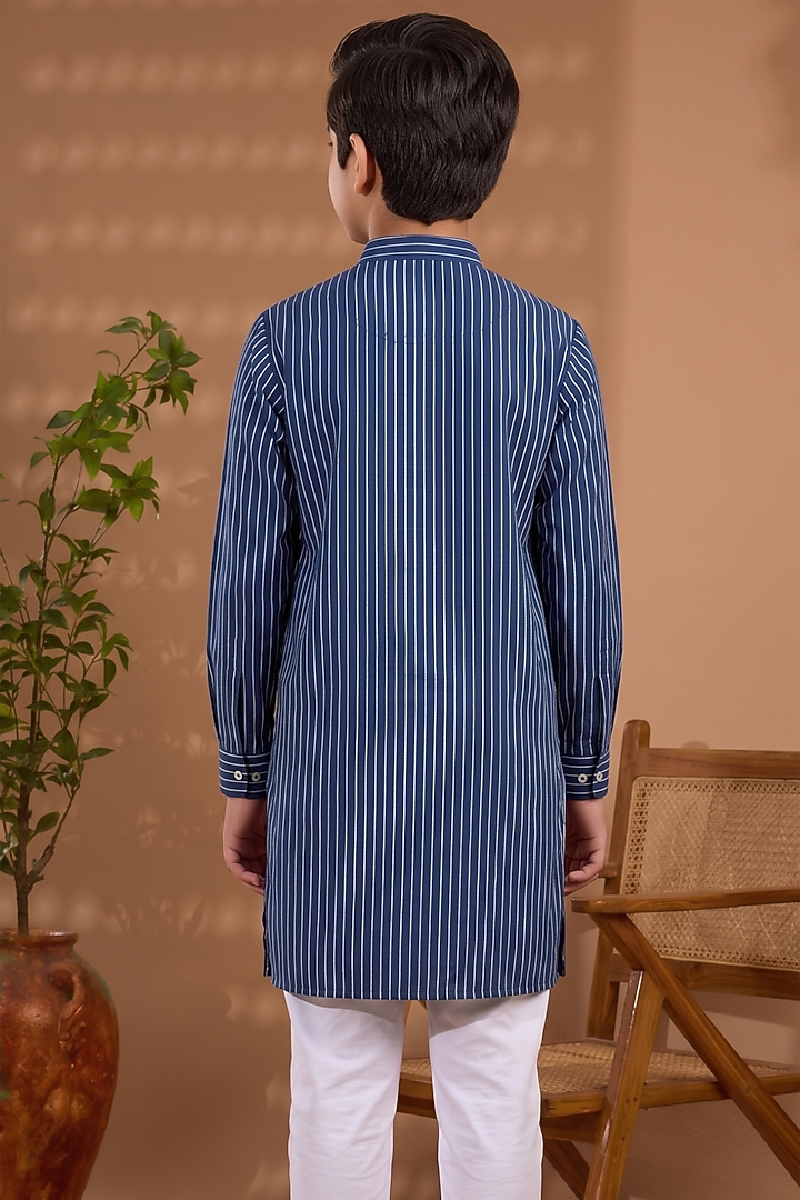 Blue Cotton Striped Kurta For Boys by Spring Break- Kids at Pernia's Pop Up Shop