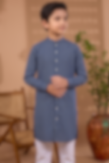 Blue Cotton Striped Kurta For Boys by Spring Break- Kids at Pernia's Pop Up Shop
