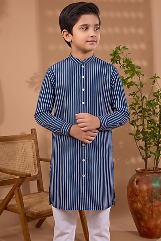 Blue Cotton Striped Kurta For Boys by Spring Break- Kids