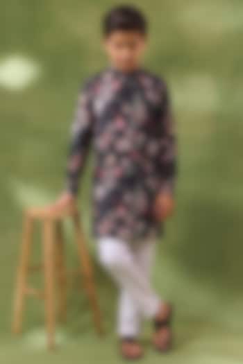 Black Blended Silk Floral Digital Printed Kurta Set For Boys by Spring Break- Kids at Pernia's Pop Up Shop