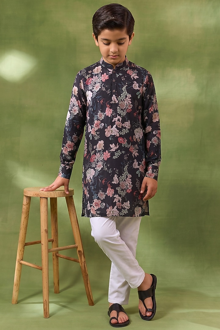 Black Blended Silk Floral Digital Printed Kurta Set For Boys by Spring Break- Kids at Pernia's Pop Up Shop