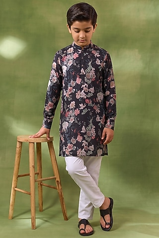 Black Blended Silk Floral Digital Printed Kurta Set For Boys by Spring Break- Kids