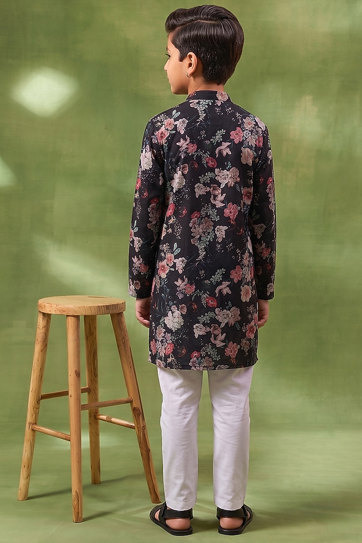 Black Blended Silk Floral Digital Printed Kurta Set For Boys by Spring Break- Kids at Pernia's Pop Up Shop