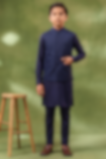 Navy Blue Cotton Silk Jacquard Bundi Jacket Set For Boys by Spring Break- Kids at Pernia's Pop Up Shop