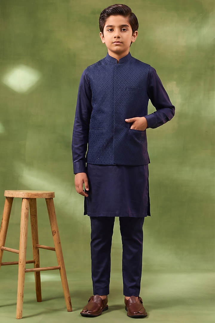Navy Blue Cotton Silk Jacquard Bundi Jacket Set For Boys by Spring Break- Kids at Pernia's Pop Up Shop