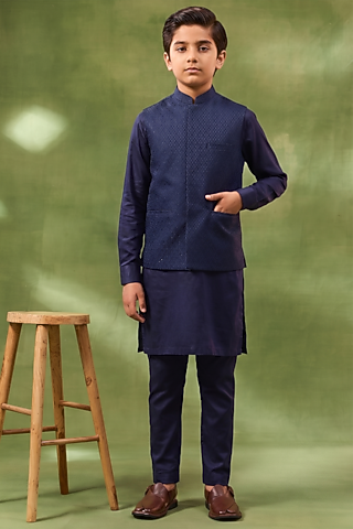 Navy Blue Cotton Silk Jacquard Bundi Jacket Set For Boys by Spring Break- Kids
