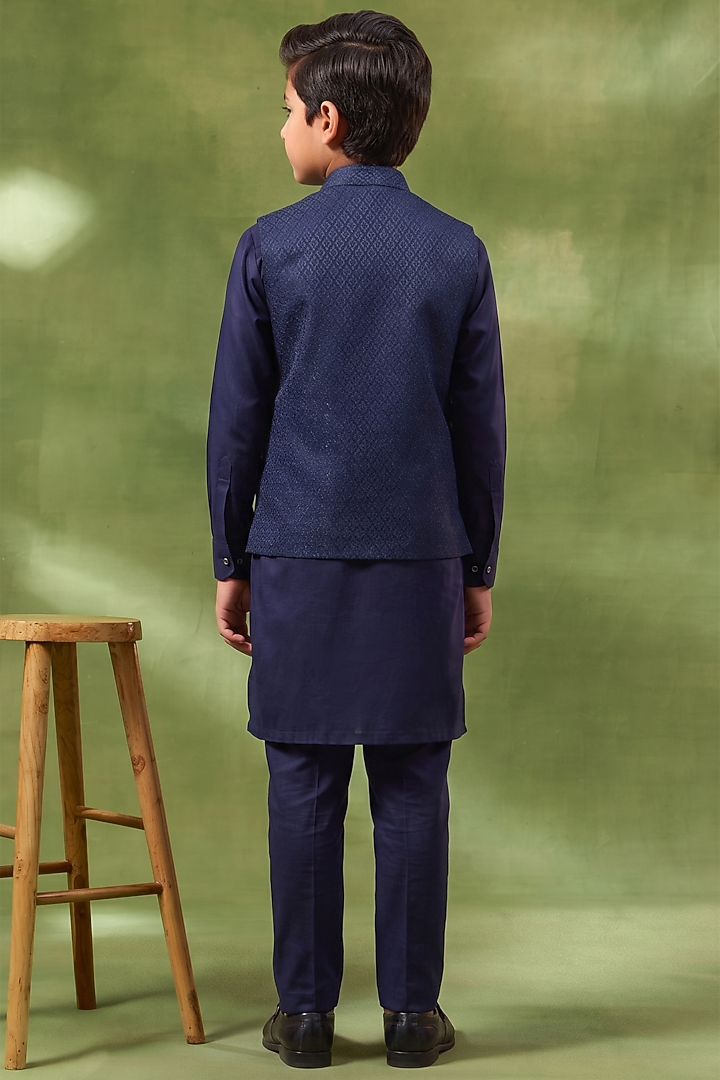Navy Blue Cotton Silk Jacquard Bundi Jacket Set For Boys by Spring Break- Kids at Pernia's Pop Up Shop