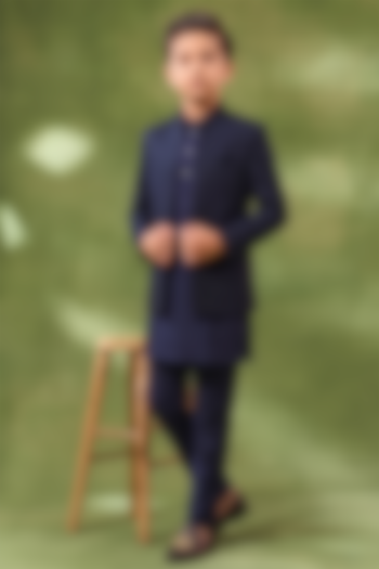 Navy Blue Cotton Silk Indowestern Set For Boys by Spring Break- Kids at Pernia's Pop Up Shop