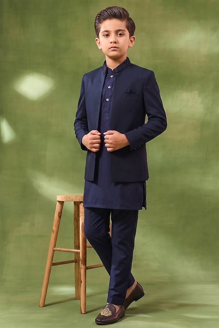 Navy Blue Cotton Silk Indowestern Set For Boys by Spring Break- Kids at Pernia's Pop Up Shop