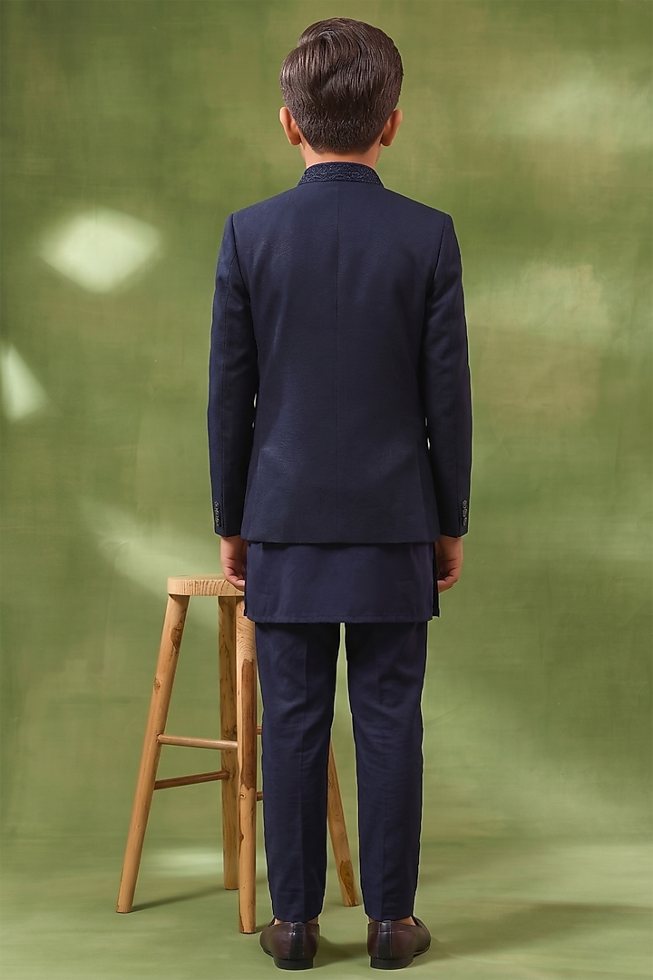 Navy Blue Cotton Silk Indowestern Set For Boys by Spring Break- Kids at Pernia's Pop Up Shop