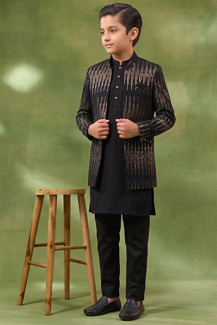 Black Viscose Sequins Embroidered Indowestern Set For Boys by Spring Break- Kids at Pernia's Pop Up Shop