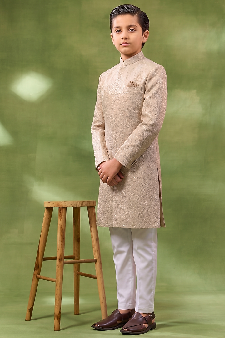 Ivory Cotton Silk Embroidered Sherwani Set For Boys by Spring Break- Kids at Pernia's Pop Up Shop