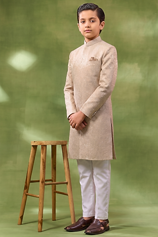 Ivory Cotton Silk Embroidered Sherwani Set For Boys by Spring Break- Kids