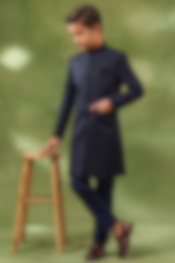 Blue Cotton Silk Sherwani Set For Boys by Spring Break- Kids at Pernia's Pop Up Shop