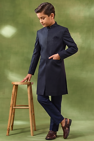 Blue Cotton Silk Sherwani Set For Boys by Spring Break- Kids
