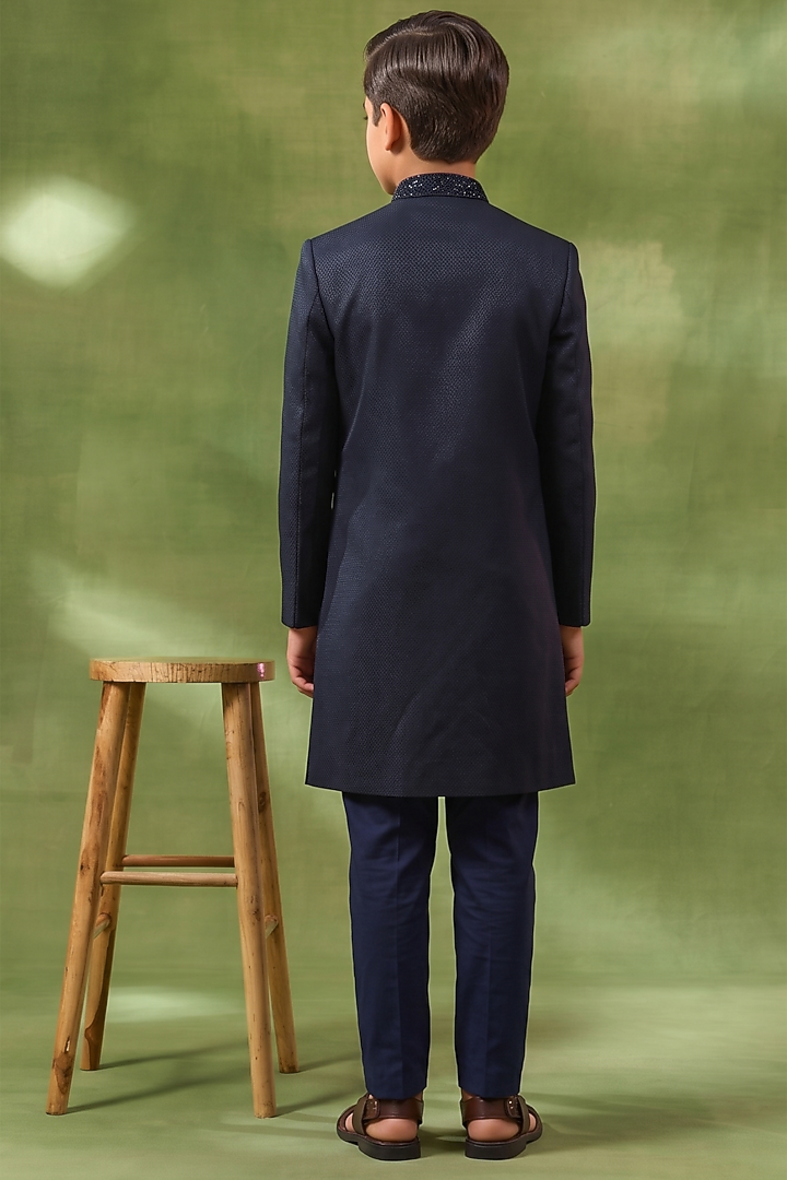 Blue Cotton Silk Sherwani Set For Boys by Spring Break- Kids at Pernia's Pop Up Shop