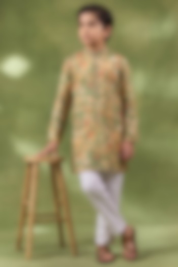 Green Blended Silk Printed Kurta Set For Boys by Spring Break- Kids at Pernia's Pop Up Shop