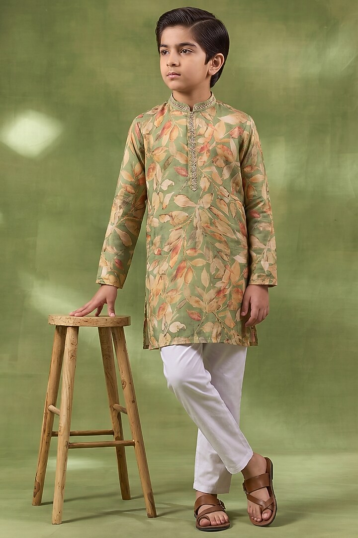 Green Blended Silk Printed Kurta Set For Boys by Spring Break- Kids at Pernia's Pop Up Shop