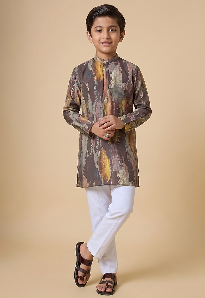 Multi-Colored Blended Silk Digital Printed Kurta Set For Boys by Spring Break- Kids at Pernia's Pop Up Shop