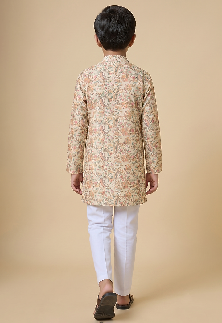 Beige Blended Silk Floral Printed Kurta Set For Boys by Spring Break- Kids at Pernia's Pop Up Shop