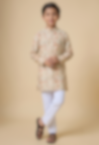 Beige Blended Silk Floral Printed Kurta Set For Boys by Spring Break- Kids at Pernia's Pop Up Shop