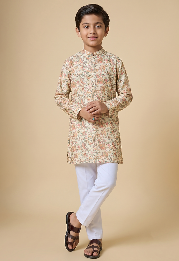 Beige Blended Silk Floral Printed Kurta Set For Boys by Spring Break- Kids at Pernia's Pop Up Shop