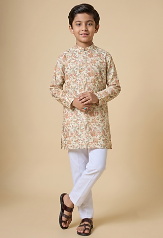 Beige Blended Silk Floral Printed Kurta Set For Boys by Spring Break- Kids