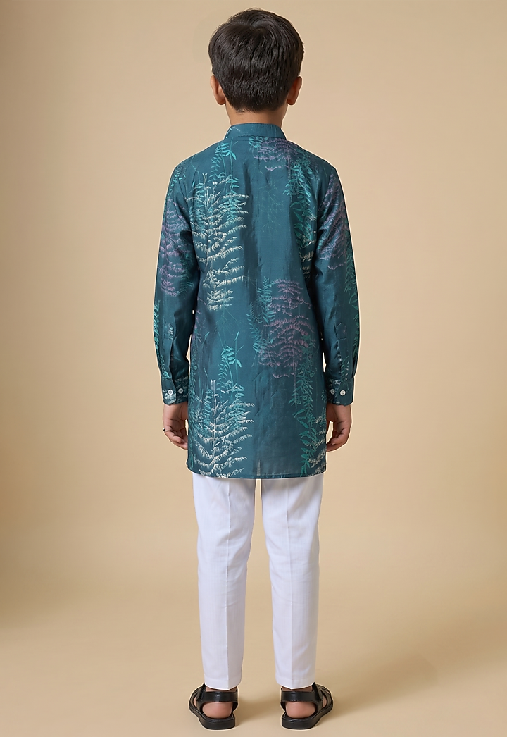 Teal Blended Silk Floral Printed Kurta Set For Boys by Spring Break- Kids at Pernia's Pop Up Shop