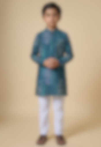 Teal Blended Silk Floral Printed Kurta Set For Boys by Spring Break- Kids at Pernia's Pop Up Shop