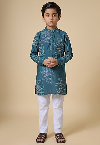 Teal Blended Silk Floral Printed Kurta Set For Boys by Spring Break- Kids