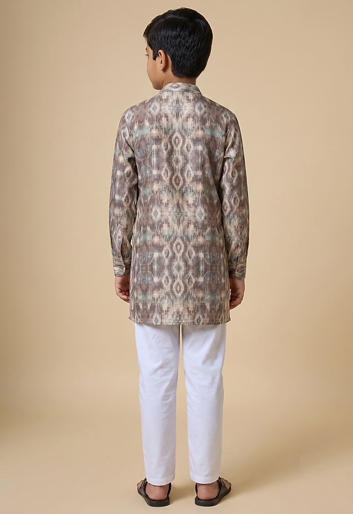 Grey Blended Silk Digital Printed Kurta Set For Boys by Spring Break- Kids at Pernia's Pop Up Shop