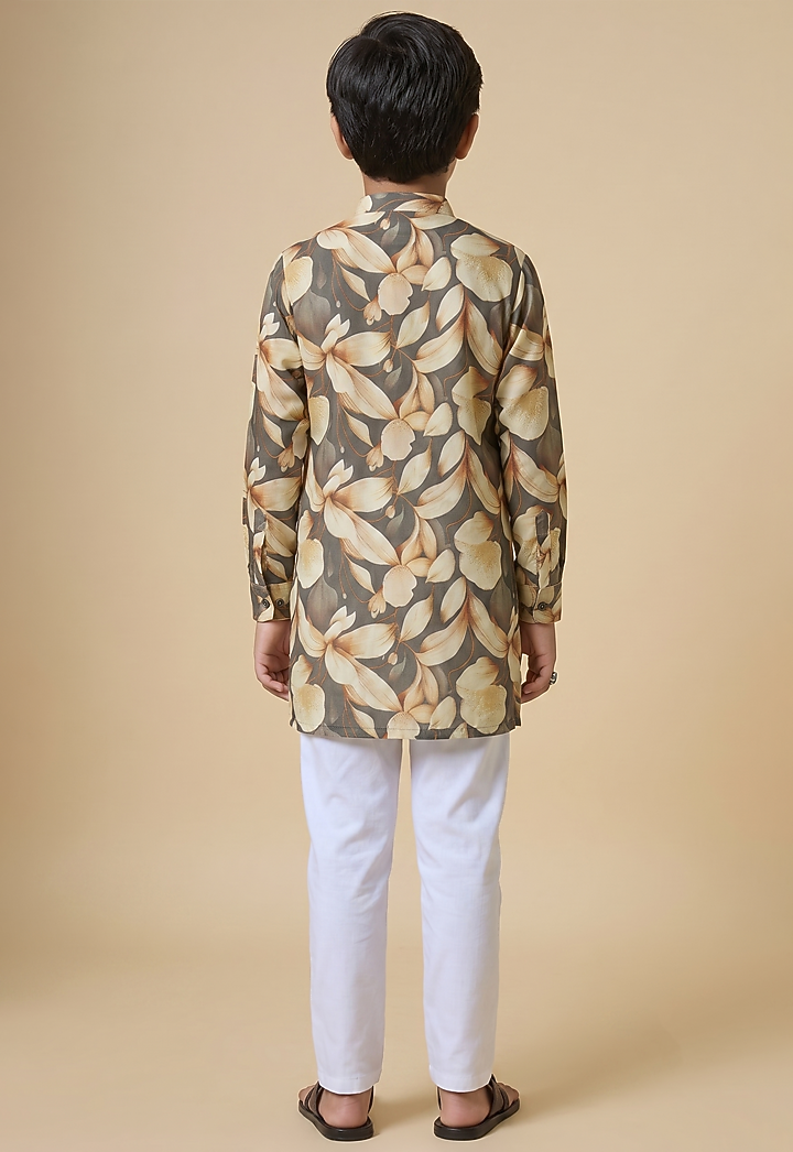 Grey Blended Silk Digital Printed Kurta Set For Boys by Spring Break- Kids at Pernia's Pop Up Shop