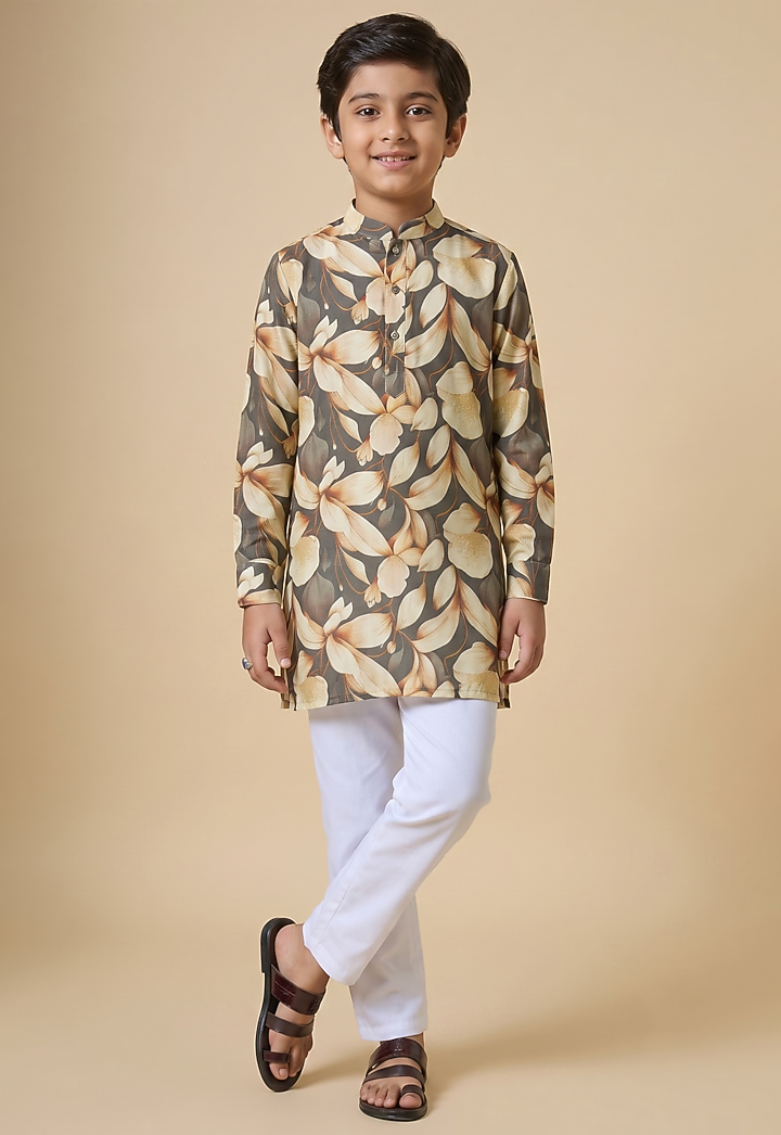 Grey Blended Silk Digital Printed Kurta Set For Boys by Spring Break- Kids at Pernia's Pop Up Shop