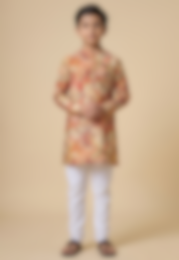 Multi-Colored Blended Silk Digital Printed Kurta Set For Boys by Spring Break- Kids at Pernia's Pop Up Shop