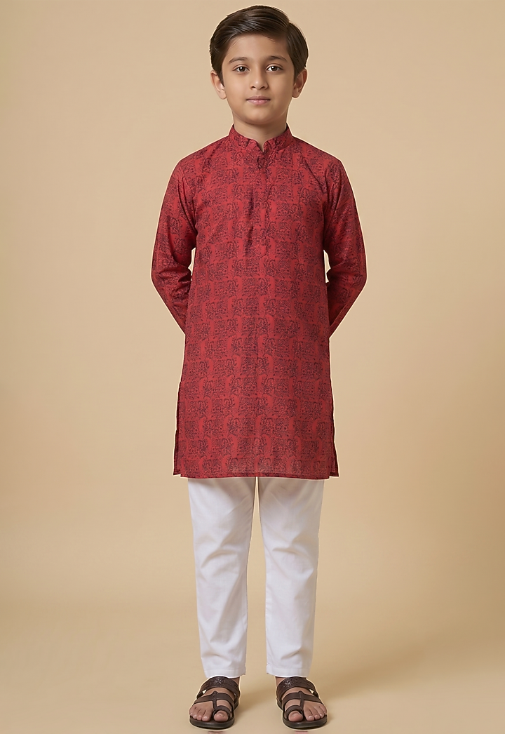 Red Blended Silk Digital Printed Kurta Set For Boys by Spring Break- Kids at Pernia's Pop Up Shop
