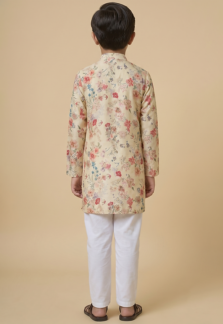 Cream Blended Silk Floral Digital Printed Kurta Set For Boys by Spring Break- Kids at Pernia's Pop Up Shop