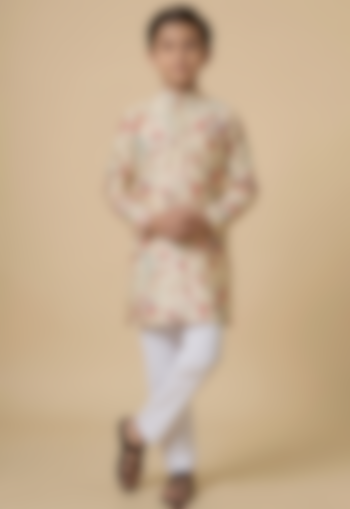 Cream Blended Silk Floral Digital Printed Kurta Set For Boys by Spring Break- Kids at Pernia's Pop Up Shop