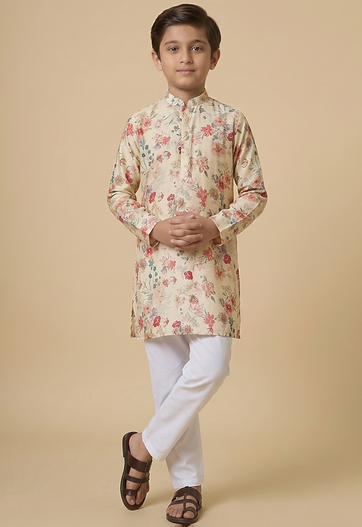 Cream Blended Silk Floral Digital Printed Kurta Set For Boys by Spring Break- Kids at Pernia's Pop Up Shop