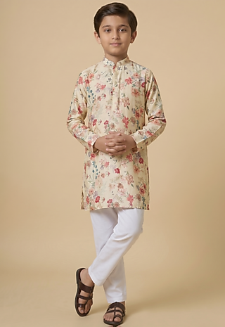Cream Blended Silk Floral Digital Printed Kurta Set For Boys by Spring Break- Kids