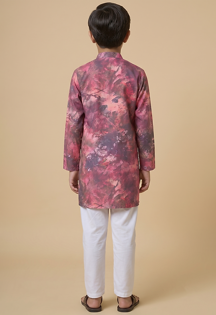 Dark Pink Blended Silk Digital Printed Kurta Set For Boys by Spring Break- Kids at Pernia's Pop Up Shop